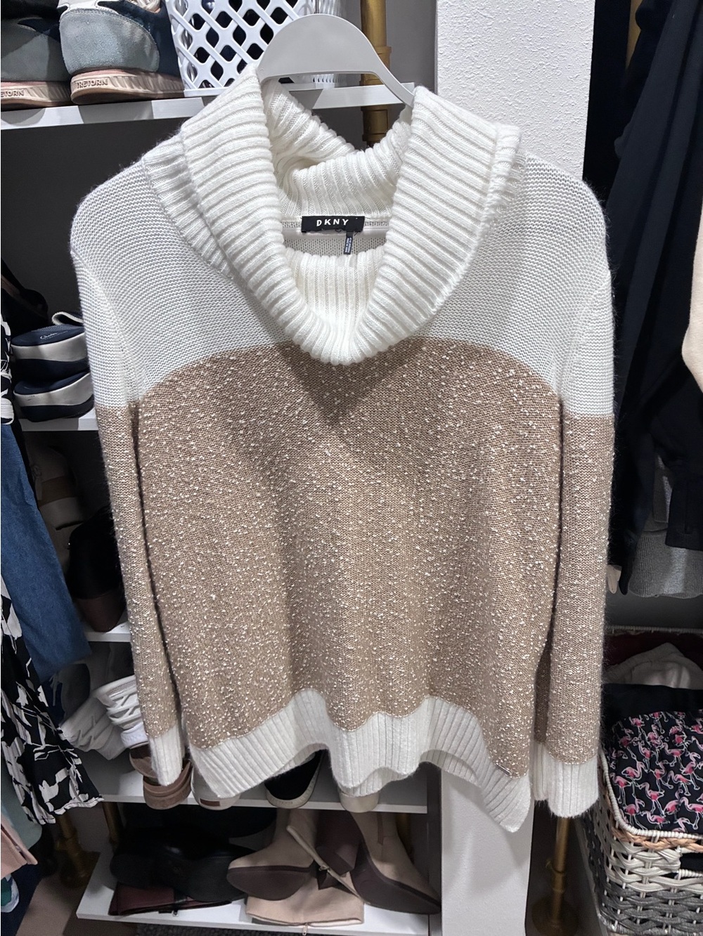 DKNY Cream and Tan Cowl-Neck Two-Tone Sweater